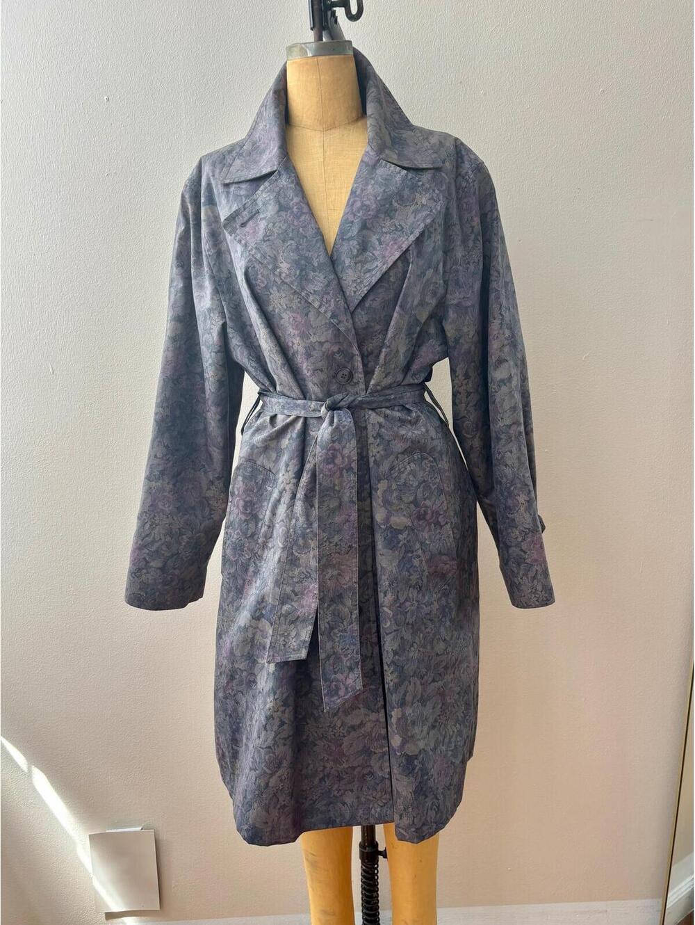 Vintage 1980s Dark Blue Tapestry Floral Print Belted Trench Coat